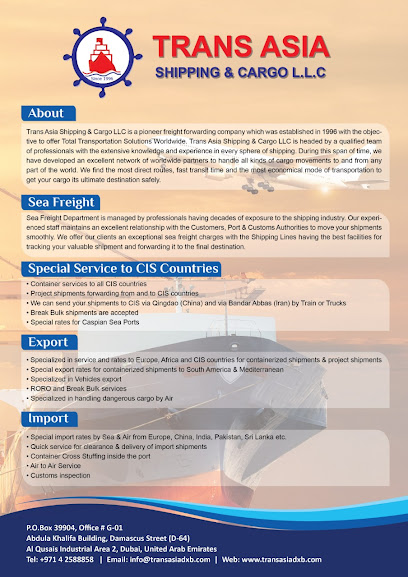 TRANS ASIA SHIPPING & CARGO LLC -عبر آسيا للملاحة والشحن ذ.م.م - United Arab Emirates|Al Qusais Industrial Area 2 - Dubai|G-01 - Damascus Street|Bldg